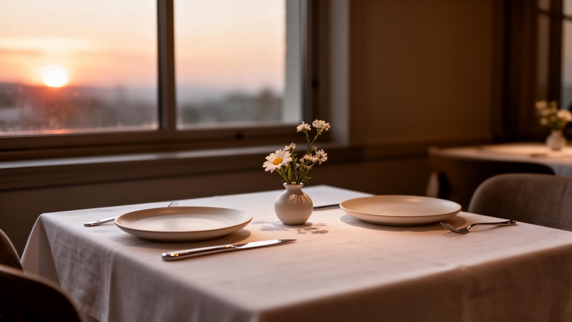 Quiet restaurant table set at golden hour
